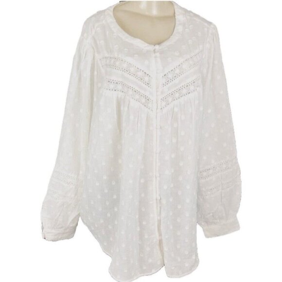 Torrid +6 Off- White Button Down Swiss Dot Lace Accent Cotton Long Sleeve Blouse - Picture 2 of 6